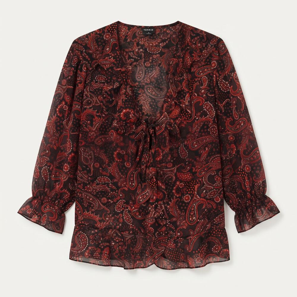 Torrid Womens 1X Boho Romantic Dark Academia Paisley V-Neck Tie Ruffle Blouse